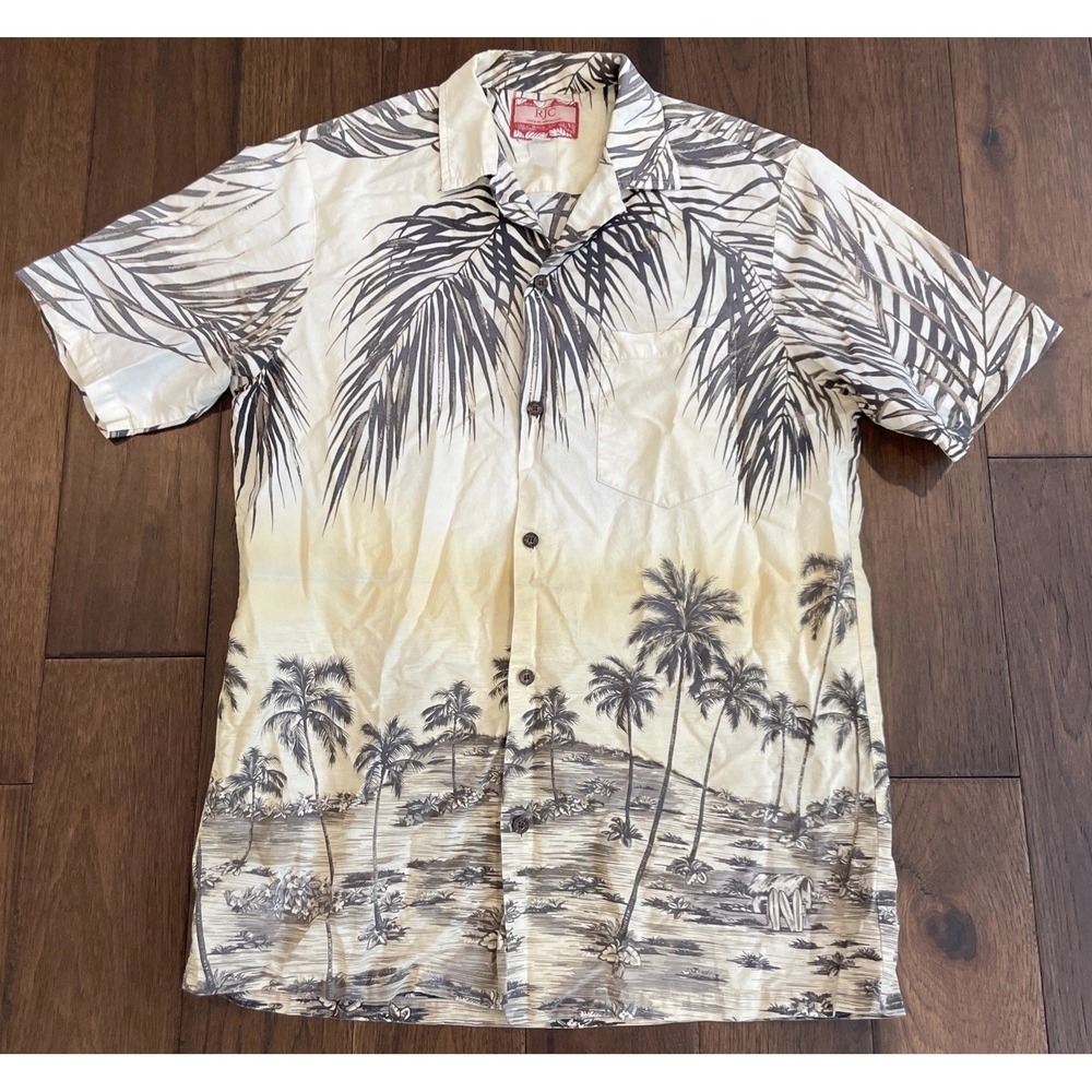 RJC Hawaiian Shirt Men's Large All Over Print Beach Palm Trees Beige